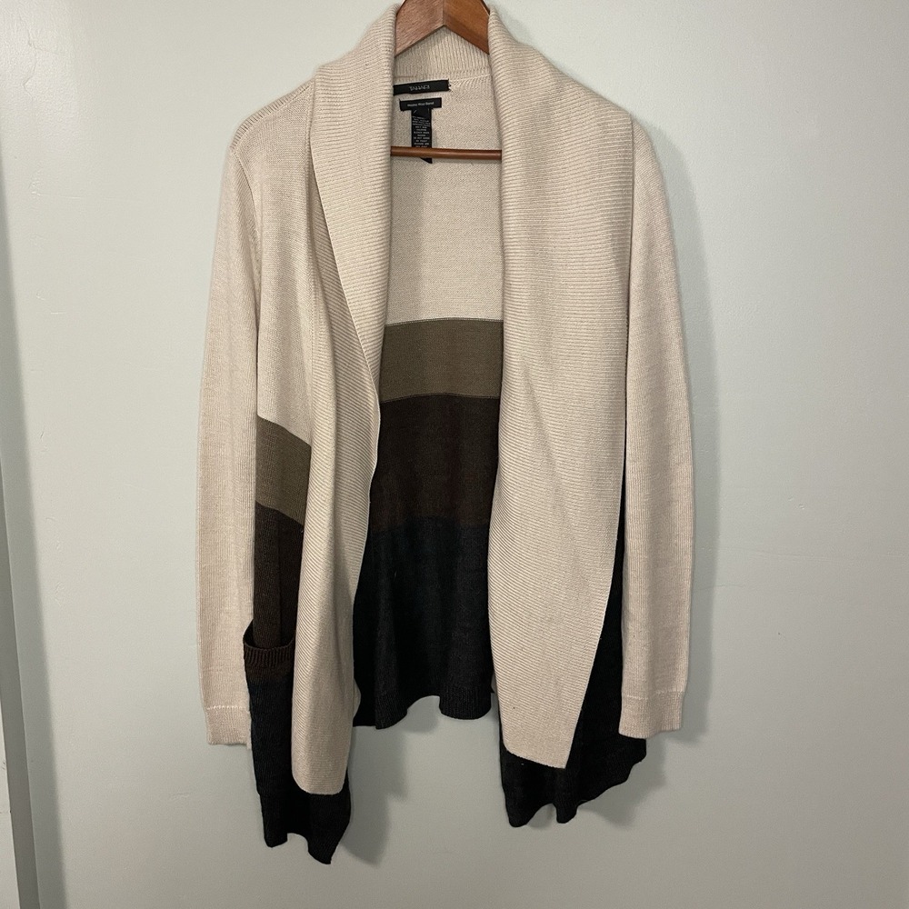TAHARI Open Cardigan Merino‎ Wool Long Wrap Sweater Taupe Brown Cream Gray XL
